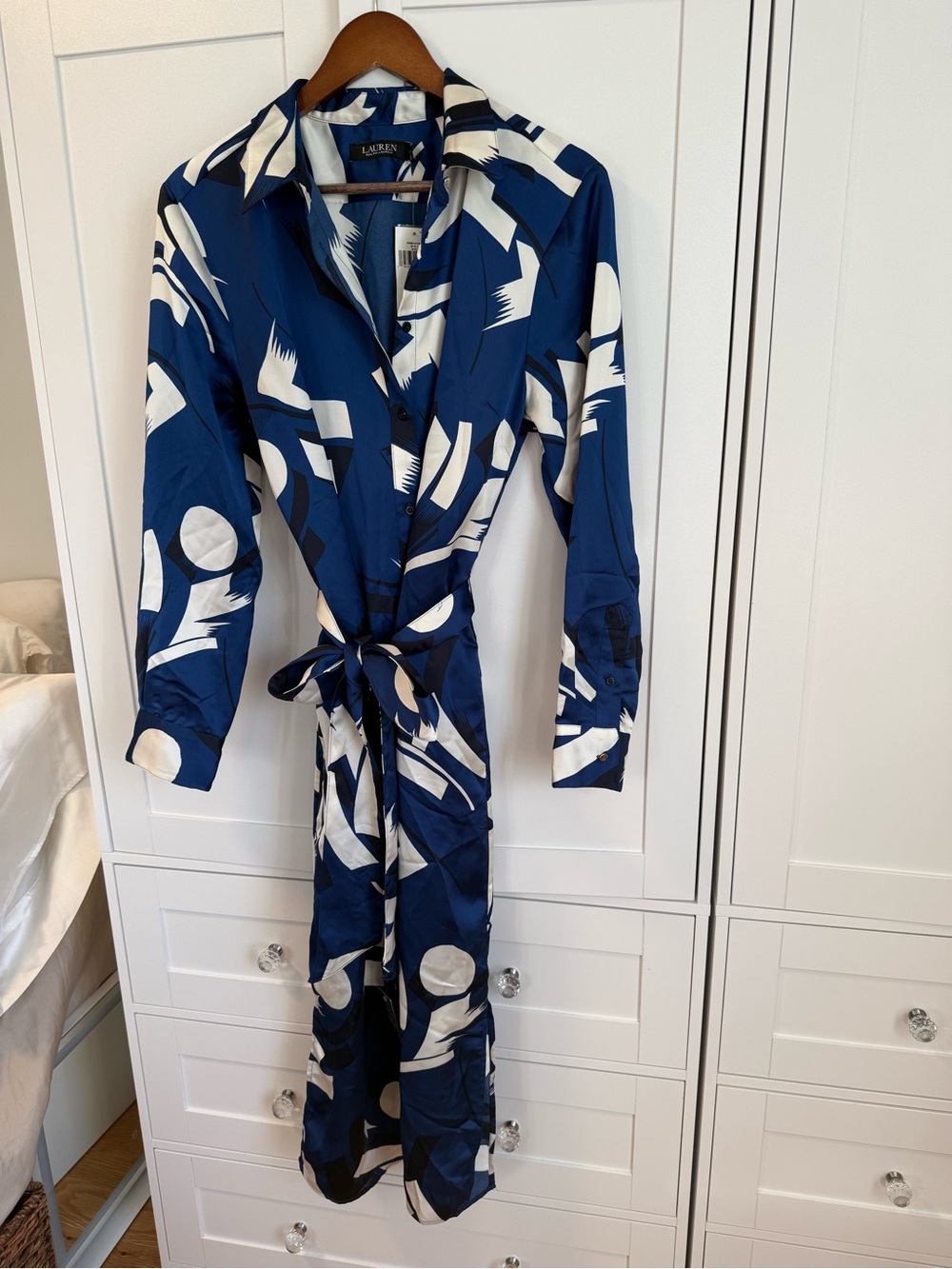 Ralph Lauren Navy and White Abstract Print Long Sleeve Shirt Dress